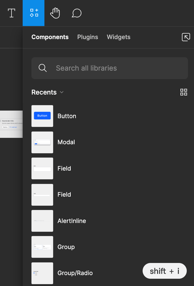 Inserting components from the resources menu